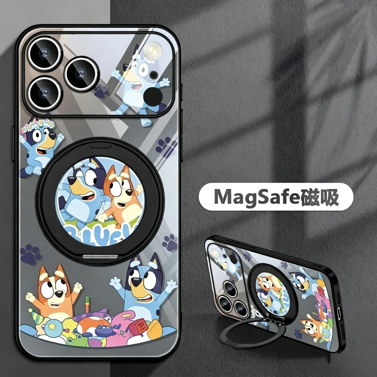 Bluey MagSafe Phone Case, 360° Rotatable Ring Holder Kickstand Case, Cute Cartoon Full Camera Protection Shockproof Cover for iPhone, Black Electroplated Frame